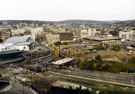 View: t02832 Elevated view of the construction of Supertram Viaduct, Park Square roundabout showing Ponds Forge Sports Centre, Commercial Street, Sheaf Market, Exchange Street
