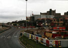 View: t02838 Construction of Supertram Viaduct, Park Square roundabout looking towards Sheffield Parkway with Hyde Park Flats in the background