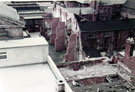 Elevated view from Cole Brothers multi-storey car park looking towards Backfields showing former Bethel Chapel (left) site of Brook Bros. Ltd., electro platers, Albert Works and Leahs Yard (top right)