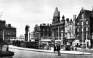 View: t03142 Fitzalan Square looking towards Haymarket, showing (right to left) Bell Hotel, Classic Cinema, Barclays Bank and Yorkshire Bank with King Edward VII Statue (centre)
