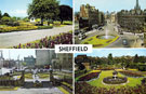 Composite postcard of Sheffield: clockwise top left Hillsborough Park; Fargate; Firth Park and Barker's Pool Gardens (sometimes referred to as Balm Green Gardens or City Hall Gardens)