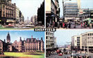 Composite postcard of Sheffield: clockwise Fargate; The Castle Market; Junction of Angel Street and High Street and Town Hall