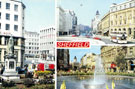Composite postcard of Sheffield: Edward VII Statue in Fitzalan Square; Hole in the Road, High Street and Goodwin Fountain and Fargate