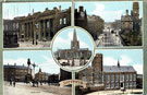 Composite postcard of Sheffield: clockwise, Cutlers Hall; Pinstone Street, University of Sheffield; Crimean Monument, Moorhead; centre Cathedral