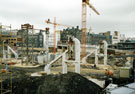 Construction of Ponds Forge Sports Centre, Sheaf Street showing (centre) Canada House (the old former Gas Company offices), Commercial Street Construction of Ponds Forge Sports Centre, Sheaf Street showing (centre) Canada House (the old former Gas Company offices), Commercial Street