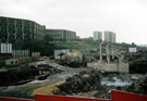 Construction of Ponds Forge Sports Centre, Sheaf Street with Claywood Flats (left) and Norfolk Park Flats (right) in the background