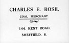 Business card of Charles Edward Rose, coal merchant, No. 144 Kent Road Business card of Charles Edward Rose, coal merchant, No. 144 Kent Road