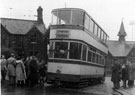 Passengers boarding Tram No. 150 to Owlerton via Penistone Road, Parkside Road Terminus with Hillsborough School left