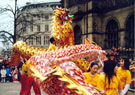 View: t03857 Dragon Dancers outside the Town Hall during the Chinese New Year Celebrations