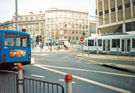 Supertram No. 24 approaching Castle Square Supertram stop at the junction of Angel Street
