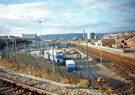 View of Nunnery Square Tram Depot and railway lines looking towards Hyde Park Flats (left) and Bernard Road Incinerator (large chimney right) from Supertram