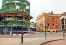Junction of Cambridge Street and Division Street from Barkers Pool looking towards RSVP public house under construction and Lloyds No1 Bar originally Water Works Offices formerly Transport Offices, Cambridge House