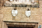 View: t04057 Heraldic carved detail, coats of arms of Pope Leo XIII and the Duke of Norfolk, St. Marie's Cathedral, Norfolk Row