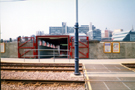 Station Supertram stop with the entrance to Sheffield Midland railway station looking towards Hallam University