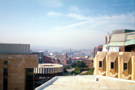 Elevated view of the Novotel (left); Register Office and Town Hall Extension (known as the Egg Box (Eggbox)) (right); Peace Gardens looking towards Bramall Lane from the Town Hall Extension 