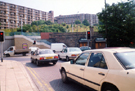 Pond Hill at the junction with Sheaf Street with Park Hill Flats in the background