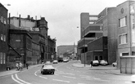Exchange Brewery (left) and Magistrates Court (right), Bridge Street looking towards Park Hill Flats