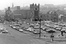Elevated view of the Corn Exchange and site of former Castlefolds Market being used as a car park