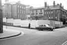 View: t04498 Bank Street at the junction with Meetinghouse Lane looking towards the site due to become Belgrave House; Victoria Chambers (the original Sheffield Hospital for Women); properties on Figtree Lane 