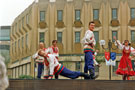 Russian Deaf Theatre Group, Tudor Square during the World Student Games Cultural Festival with the Town Hall extension (known as the Egg Box (Eggbox)) in the background