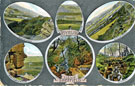Composite postcard of Rivelin views, Rivelin Valley; New Road (Rivelin Valley Road); Mans Headrock; The Poet's Rock (also known as Elliotts Stone) and Black Brook