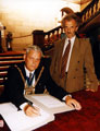 Councillor Mike Bower and Lord Mayor, Councillor Tony Arber (d. 2000), signing Book of Condolences for Diana, Princess of Wales at the Town Hall