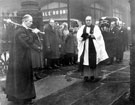 Funeral cortege of Dr. Leonard Hedley Burrows (1857 - 1940), 1st Bishop of Sheffield, led by Dr. Leslie Stannard Hunter, 2nd Bishop of Sheffield at the Cathedral