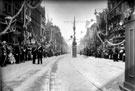 View: u01227 Pinstone Street from Moorhead, crowds waiting for the arrival of King Edward VII and Queen Alexandra
