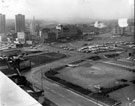 Moorfoot showing South Lane, The Moor and Young Street, late 1960's-early 1970's, junction of London Road, Cemetery Road and Ecclesall Road in background including The Arcade SandE Co-op, Lansdowne Flats, left