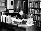 Central Library, Surrey Street. Book Stocks and Cataloguing Department, Mr Joyce classifying books in the Union Room
