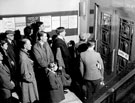 Queue of borrowers waiting to go into Central Lending Department, Central Library, Surrey Street, at 10 o'clock