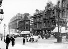 View: u02708 Nos. 24-40 High Street. No. 24 John Harrison and Son, hosiers/hatters, No. 26 Grand Clothing Hall, clothiers, Nos. 30 - 32 Sheffield Cafe Co. Ltd., Central Cafe, No. 34 George Slater, newsagent, Nos. 36 - 38 Hope Brothers, outfitters, 
