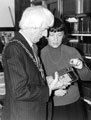 Opening of Stocksbridge Library, Manchester Road. Councillor Bill Owen JP, Lord Mayor, 1980 - 81 with former member of staff, Mrs Duarte.
