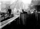 Re-building of Ball Street Bridge, Ball Street, looking north towards Burton Road. Lion Works (Steel), left, Ball Bridge Works, (Engineering) right