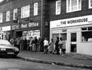 Queueing outside Parson Cross Post Office, Nos. 5 and No. 7 The Workhouse hairdressing salon, Wordsworth Drive