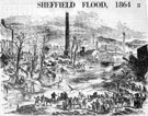 Sheffield Flood showing damage at Philadelphia after the inundation, searching for the bodies. Works belonging to William and Samuel Butcher, steel tilters and rollers, Philadelphia Steel Works, Bacon Island, in background