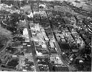 Aerial view of city, Central Library, Surrey Street top centre with Town Hall to its left
