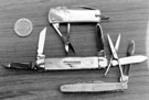 Pocket Knives made by Stanley Shaw, cutler, 48 Garden Street with a 20p piece to provide scale Pocket Knives made by Stanley Shaw, cutler, 48 Garden Street with a 20p piece to provide scale
