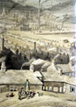 Detail of South East view of Sheffield from Park Hill, by William Ibbitt. Tower Grinding Wheel and Canal Basin in distance
