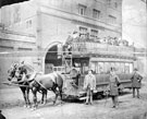Horse drawn tram, No. 9, Sheffield, Attercliffe and Tinsley in Tinsley Depot yard at the time of 'Corporation' takeover. General manager Henry Mallyon (top hat) pictured in front of Golden Ball route board