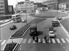 View: u05366 Sheaf Square roundabout looking towards Kennings Ltd.; Arthur Davy and Sons, provision merchants, Paternoster Row; Milner's, house furnishers at the junction of Howard Street and Sheaf House extreme left