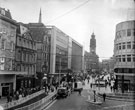 Elevated view of Fargate from the junction with High Street/ Church Street showing Boots; Barclays Bank; Salisbury's Handbags Ltd.; Richard Shops; Alexandre Ltd., tailors; Marks and Spencer Ltd. left and East Midlands Gas Shoreroom right Elevated view of Fargate from the junction with High Street/ Church Street showing Boots; Barclays Bank; Salisbury's Handbags Ltd.; Richard Shops; Alexandre Ltd., tailors; Marks and Spencer Ltd. left and East Midlands Gas Shoreroom right