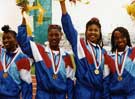 U.S.A. Womens Relay Team Winners waving to the crowd, World Student Games, Don Valley Stadium