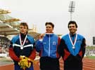 G.B.Team Captain, Steve Backley, Mens Javelin Winner with silver medalist (left), Vladimir Ovchinnikov (Russia) and Bronze Medalist K. Hempel (Germany), World Student Games, Don Valley Stadium