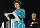 Princess Anne, Patron of the Games making the Opening Speech with Primo Neniolo, President of the F.I.S.U. in the background at the  Opening Ceremony, World Student Games, Don Valley Stadium, Attercliffe