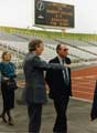 Ray Gridley, Director of World Student Games Secretariat and Minister for Sport, Robert Atkins M.P.  (in the background Pamela Gordon, Chief Exec of Sheffield City Council) view the facilities at Don Valley Stadium