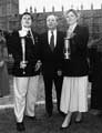 Nick Kates, University of Sheffield Athletics President holding World Student Games Torch; Nicola Airey, Sheffield Polytechnic Athletics President holding the World Student Games Flame with Neil Kinnock, Labour Party Leader outside the Houses of Parl Nick Kates, University of Sheffield Athletics President holding World Student Games Torch; Nicola Airey, Sheffield Polytechnic Athletics President holding the World Student Games Flame with Neil Kinnock, Labour Party Leader outside the Houses of Parl