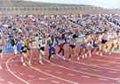 Eventual winner in a UK All Comers Record, No.11, Peter Elliott from Rotherham and second place Steve Cram next to him at the start of  the 1500m at the McVities Challenge, Don Valley Stadium 