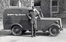 The first City Library van in the yard at Ecclesall [Library]; a 7cwt Jowett bought secondhand from Hallamshire Motor Co.,Townhead St, it did 78,000 and only broke down once