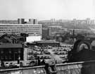 View towards Sheffield City Polytechnic (large building on left) and next to it Sheaf House, with Norfolk Park flats in the far background, 12 October 1970